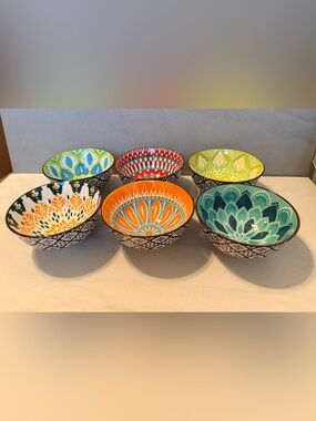 Set Of 6 Colorful Bohemian Ceramic Bowls 5” Diameter NEW